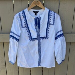 J. Crew Linen Blend Embroidered Blouse Bohemian Festival Hippie Vibes Sz 0P